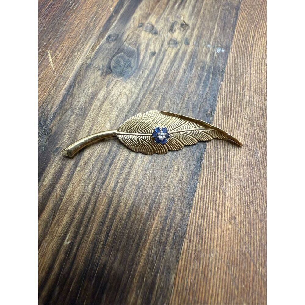 Vintage 1960s TIFFANY 14k YG Diamond Sapphire Leaf Brooch Pin
